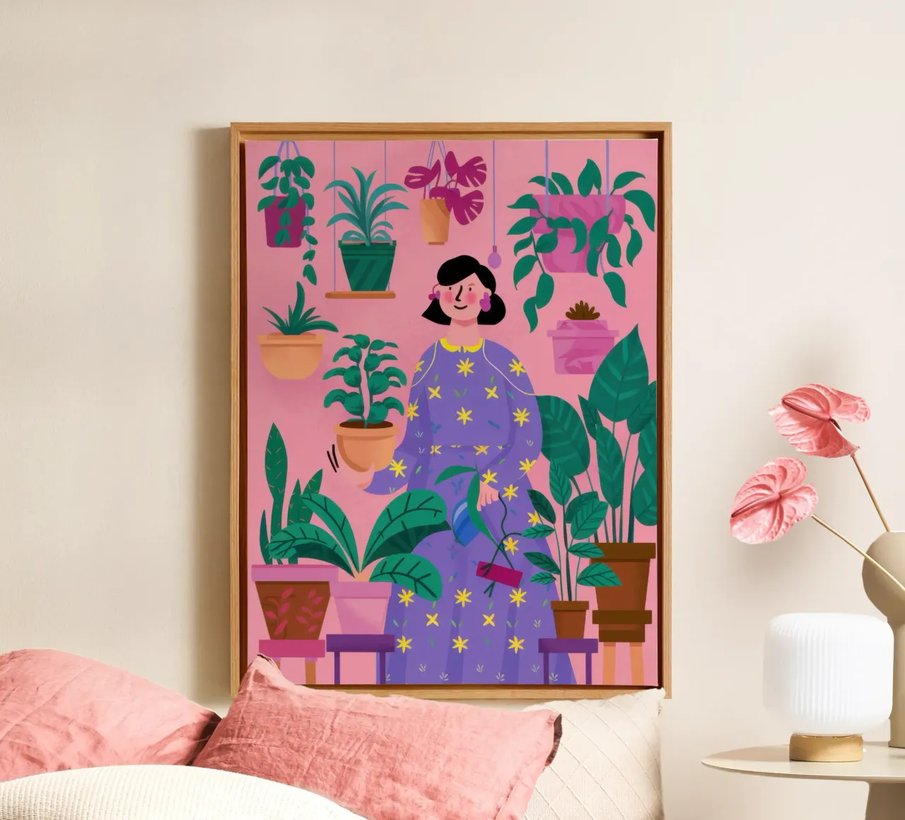 Paarse jurk tuinman canvas met Baklijst van Moon Revolver