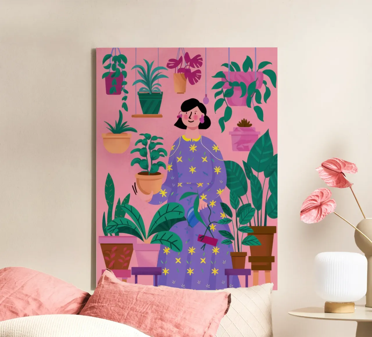 Paarse jurk tuinman canvas met Baklijst van Moon Revolver