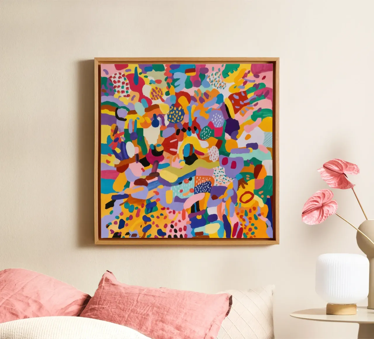 Chromatische confetti chaos canvas met Baklijst van Orchid Patina