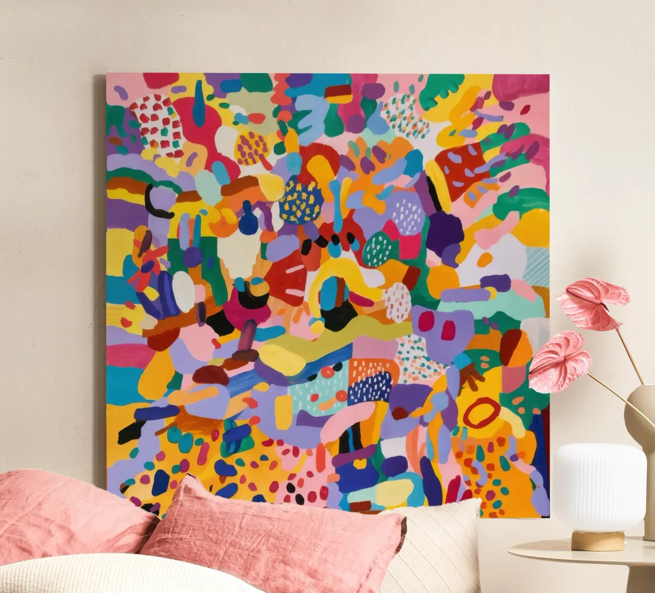 Chromatische confetti chaos canvas met Baklijst van Orchid Patina