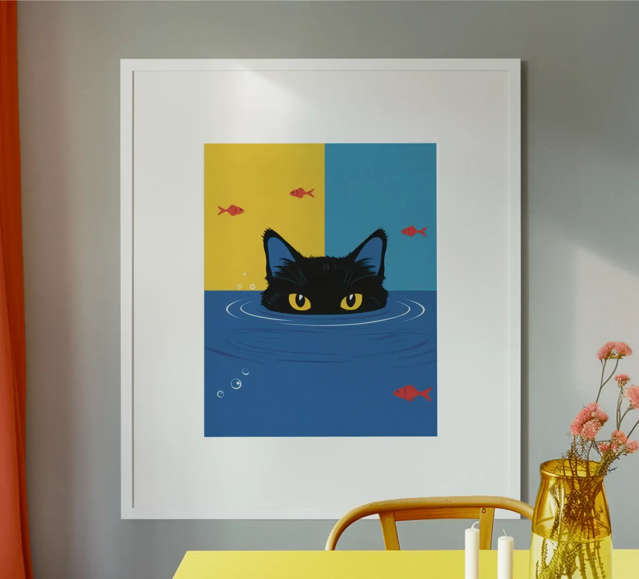 Sguardo di gatto sommerso poster con telaio in legno da Enter Bloom