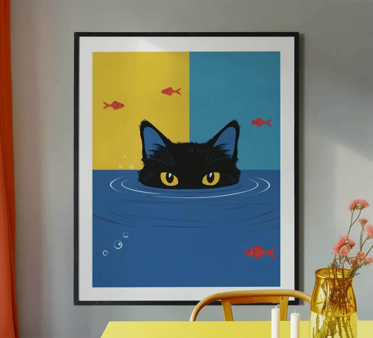 Sguardo di gatto sommerso poster con telaio in legno da Enter Bloom