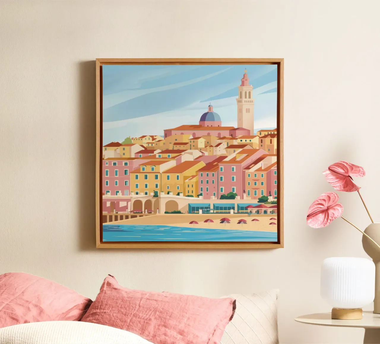 Città portuale baciata dal sole tela con Cornice a cassetta da Orchid Patina