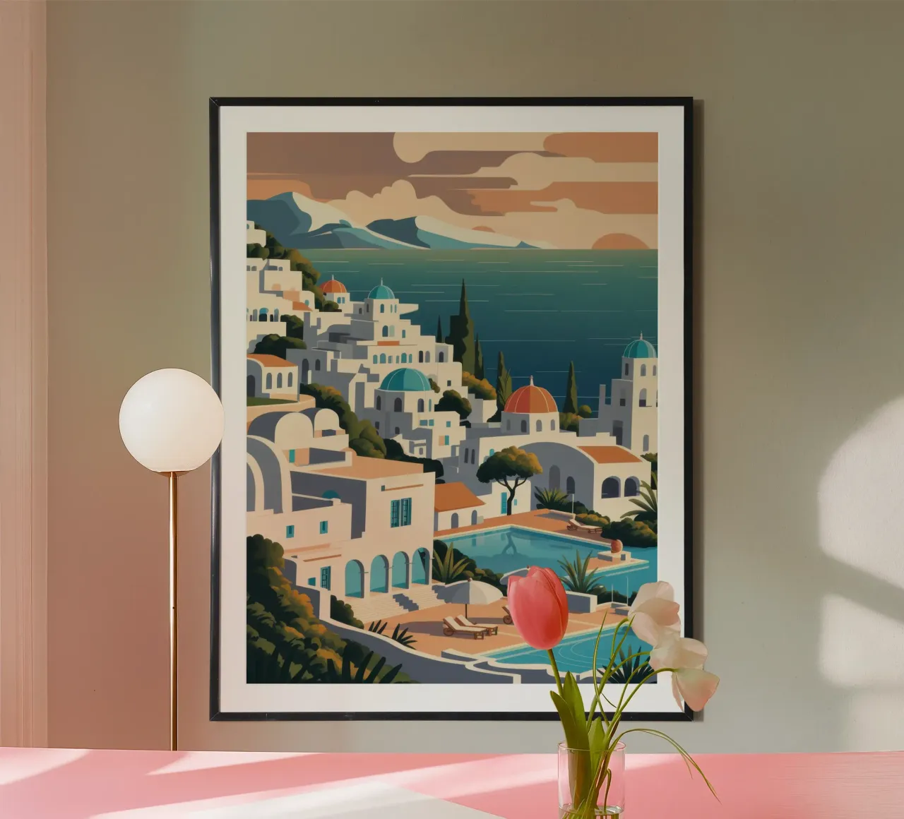 Tramonto dorato in Grecia poster con telaio in alluminio da Moon Revolver