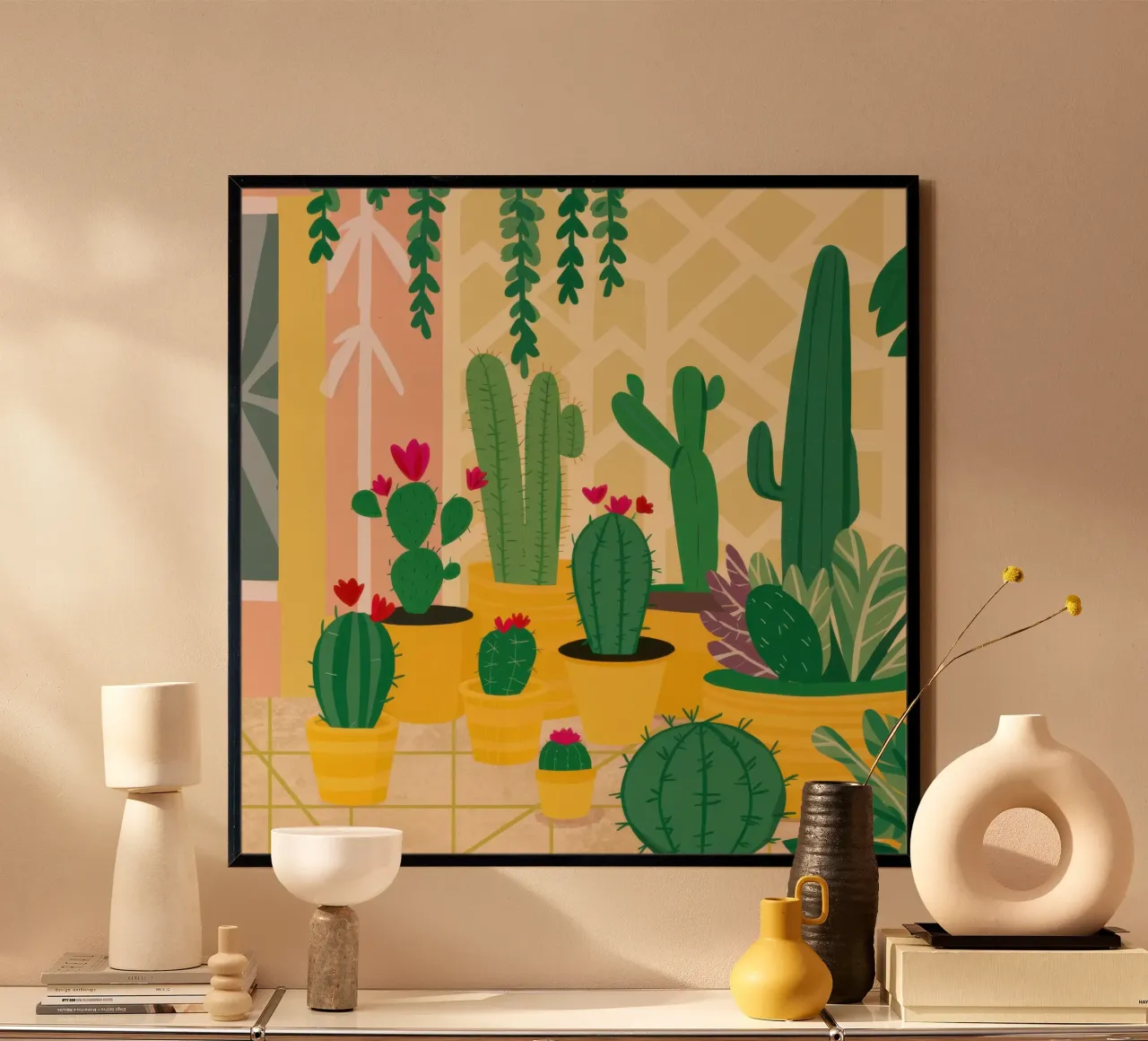 Santuario dei cactus soleggiati poster con telaio in legno da Sure Paint