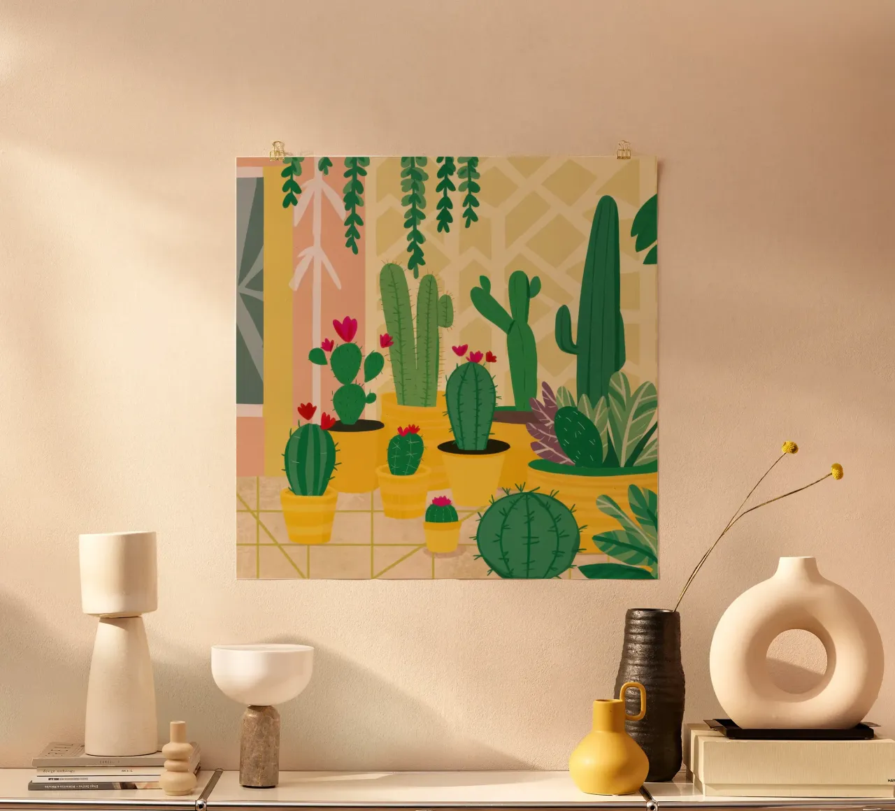 Santuario dei cactus soleggiati poster con telaio in legno da Sure Paint
