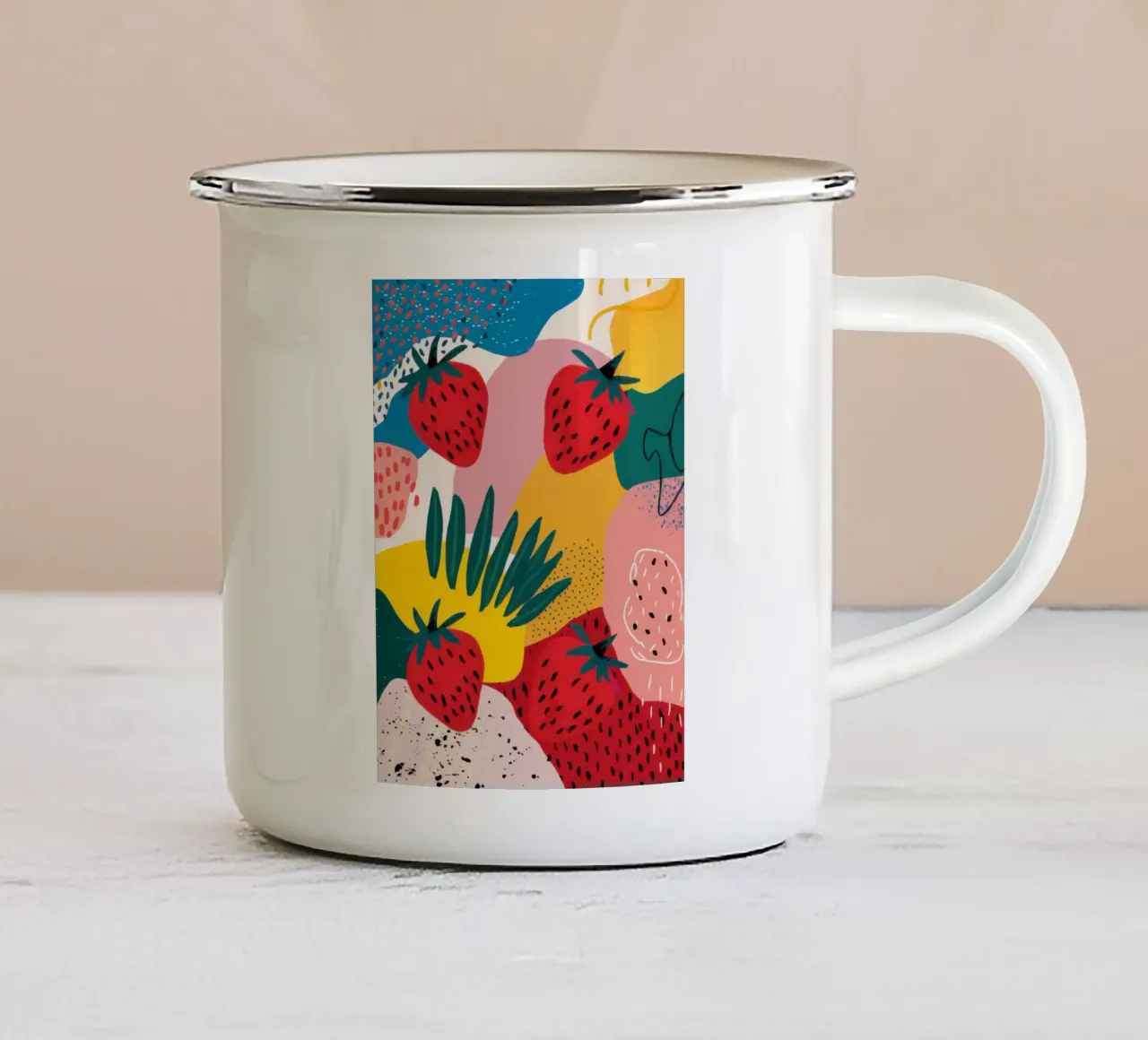 Aardbeienveld Symfonie emaille mok van Frame Aura