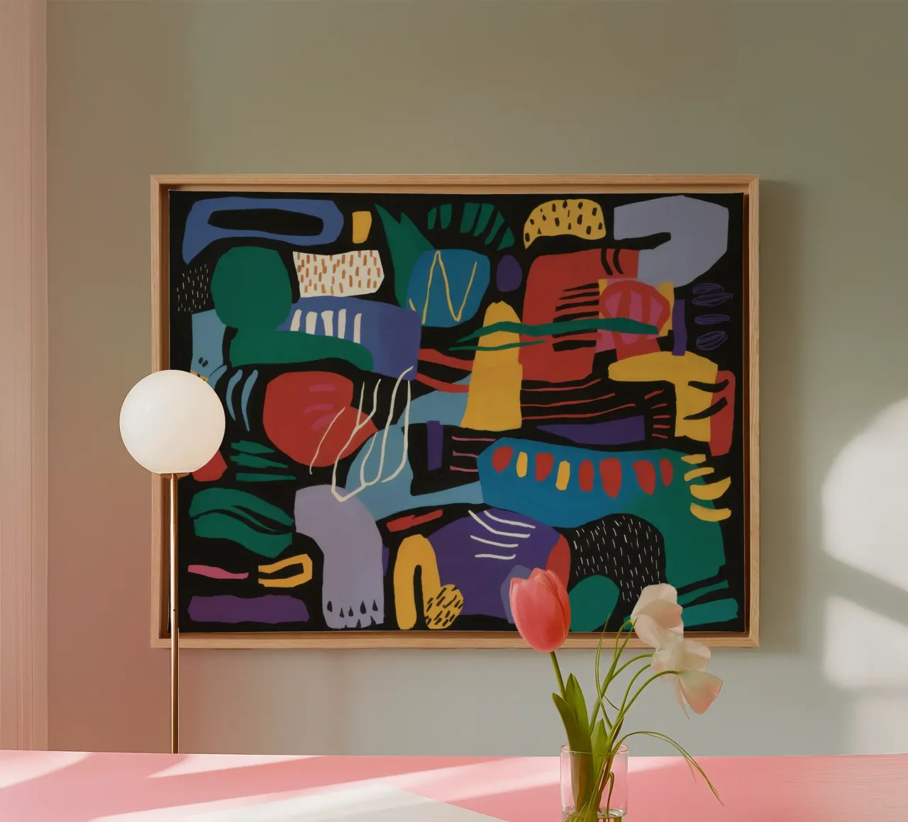 Kubistische carnavalsvormen canvas met Baklijst van Frame Aura