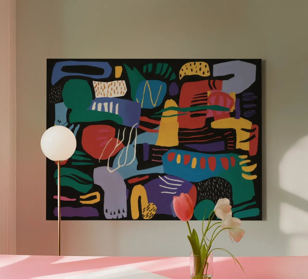 Kubistische carnavalsvormen canvas met Baklijst van Frame Aura