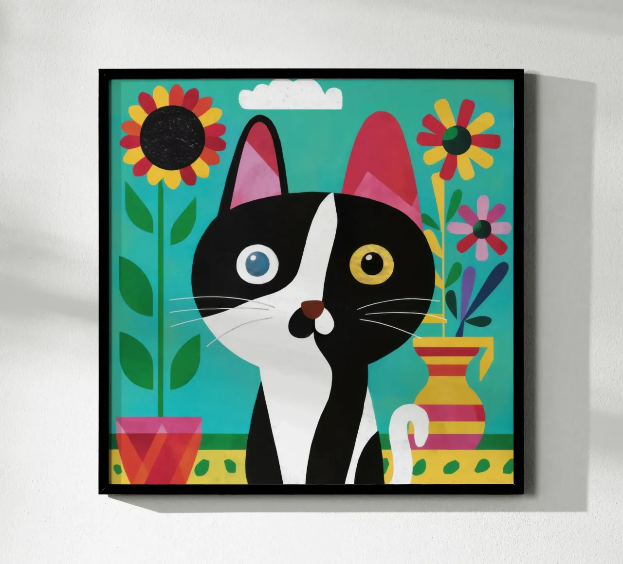 Capricci da gatto festaiolo poster con telaio in alluminio da Frame Aura