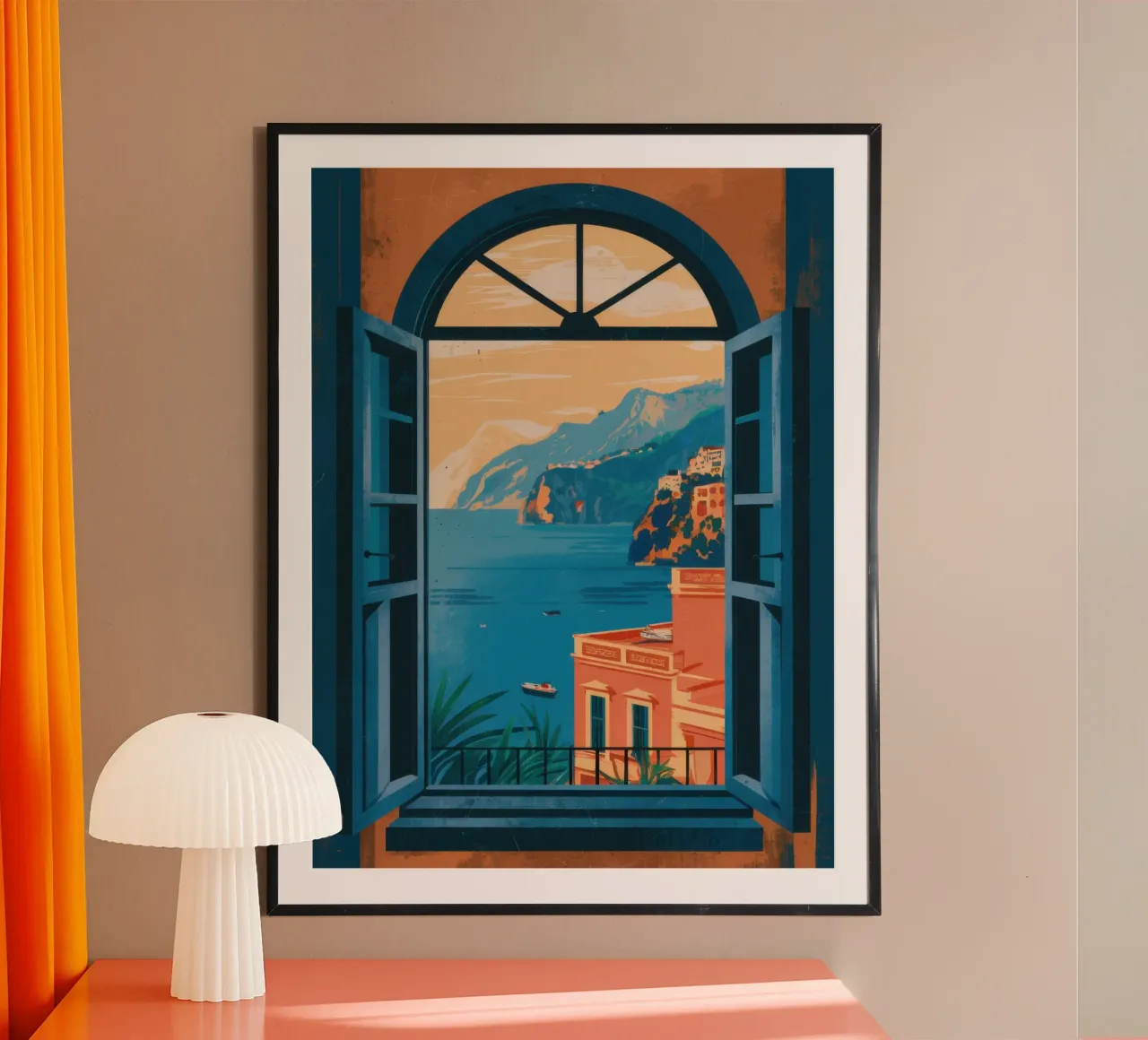 Blick aus dem Fenster auf die Küste Poster von Frame Aura