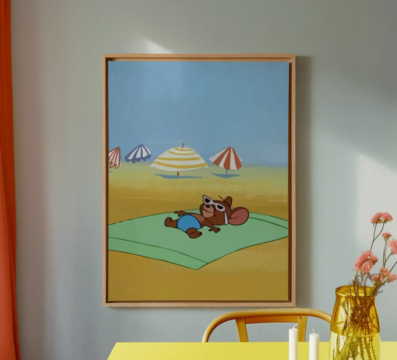 Jerry sunbathing on the beach canvas with Floater frame by Dumery Art