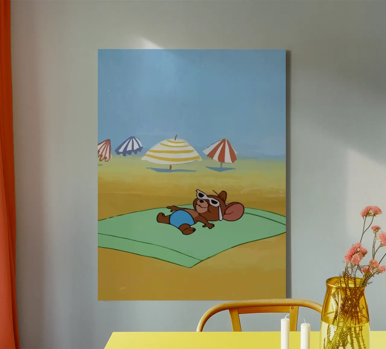 Jerry sunbathing on the beach canvas with Floater frame by Dumery Art