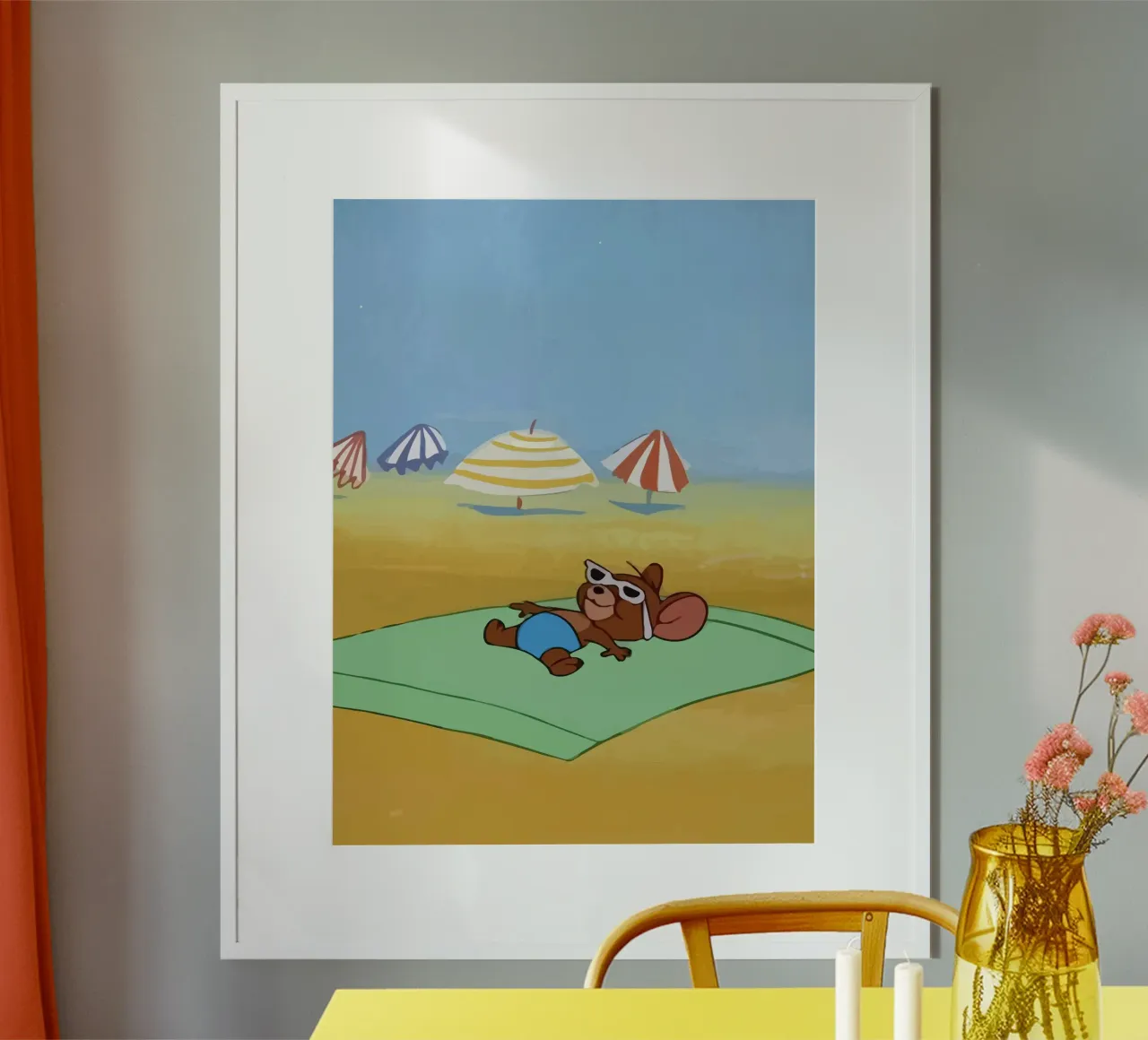 Jerry sunbathing on the beach poster con telaio in legno da Dumery Art