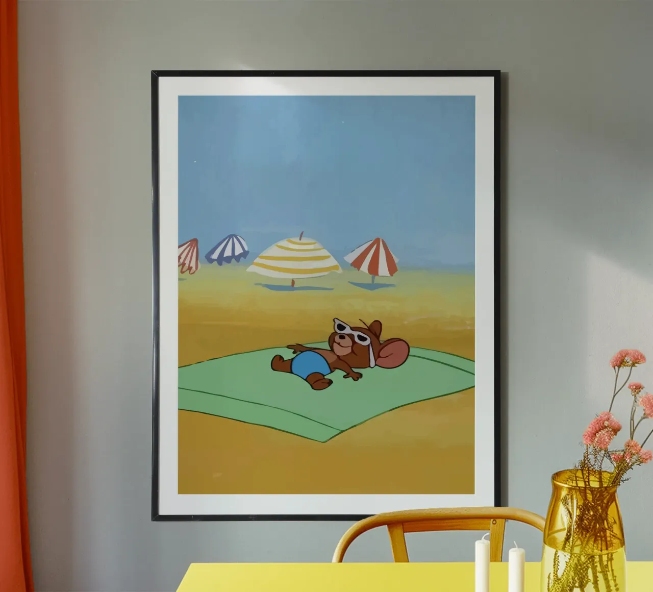 Jerry sunbathing on the beach poster con telaio in legno da Dumery Art