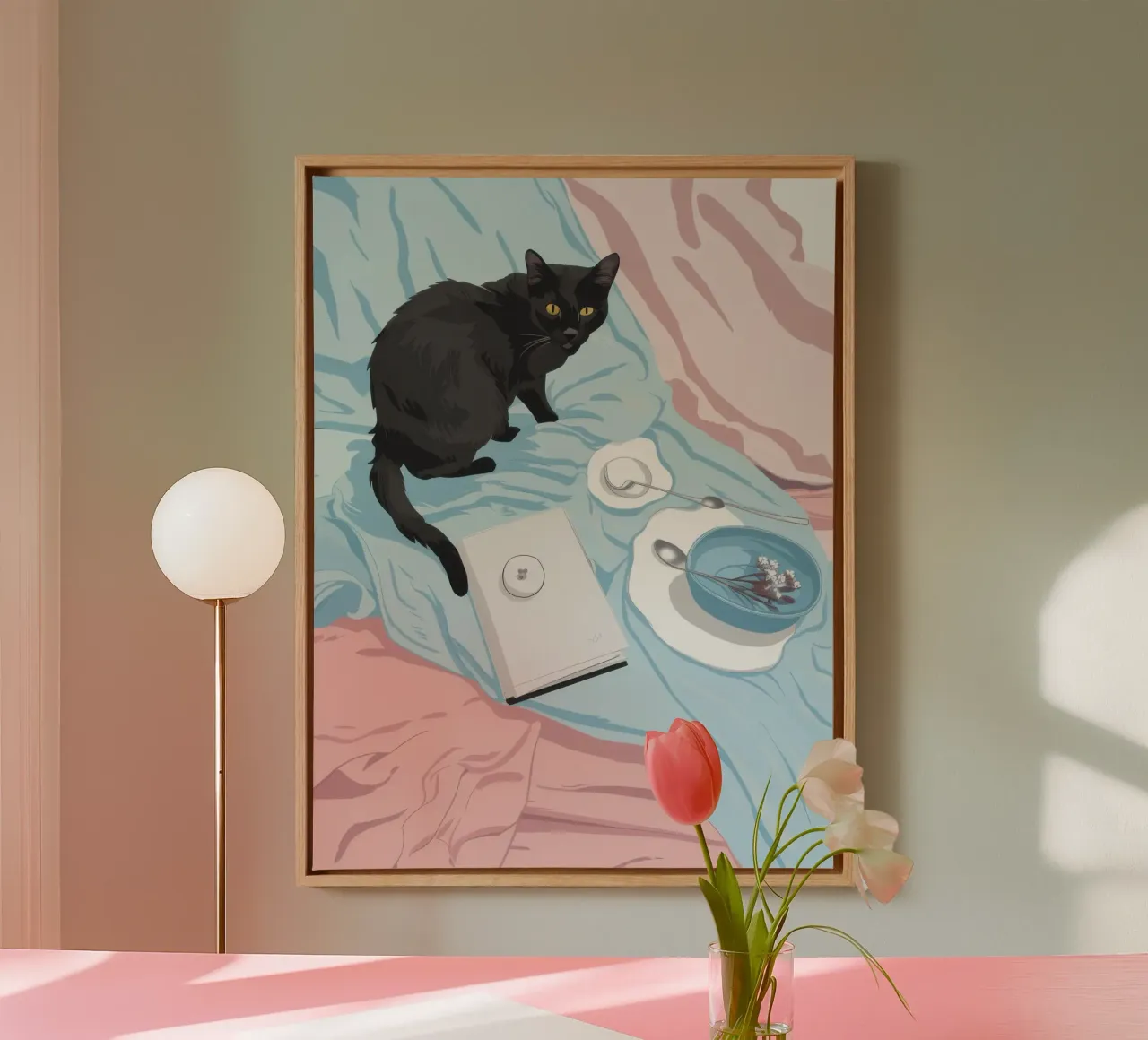 Mitternachtstee Feline Leinwand mit Schattenfugenrahmen von Frame Aura