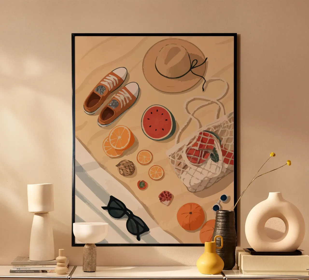 Outfit On Beach poster con telaio in plastica da Dumery Art