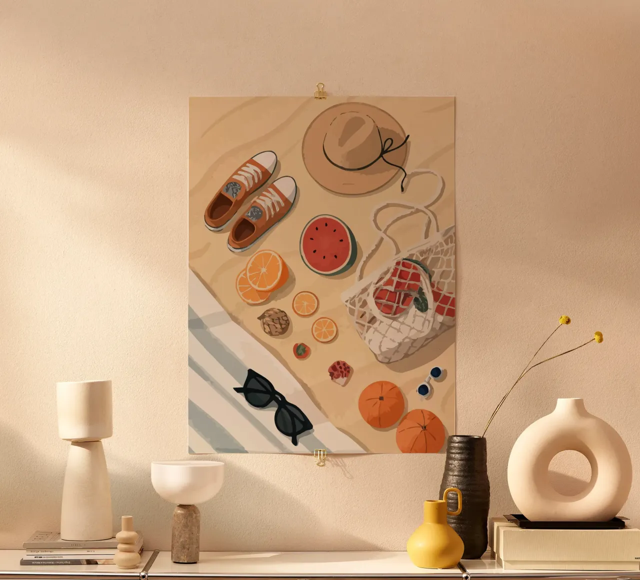 Outfit On Beach poster con telaio in plastica da Dumery Art