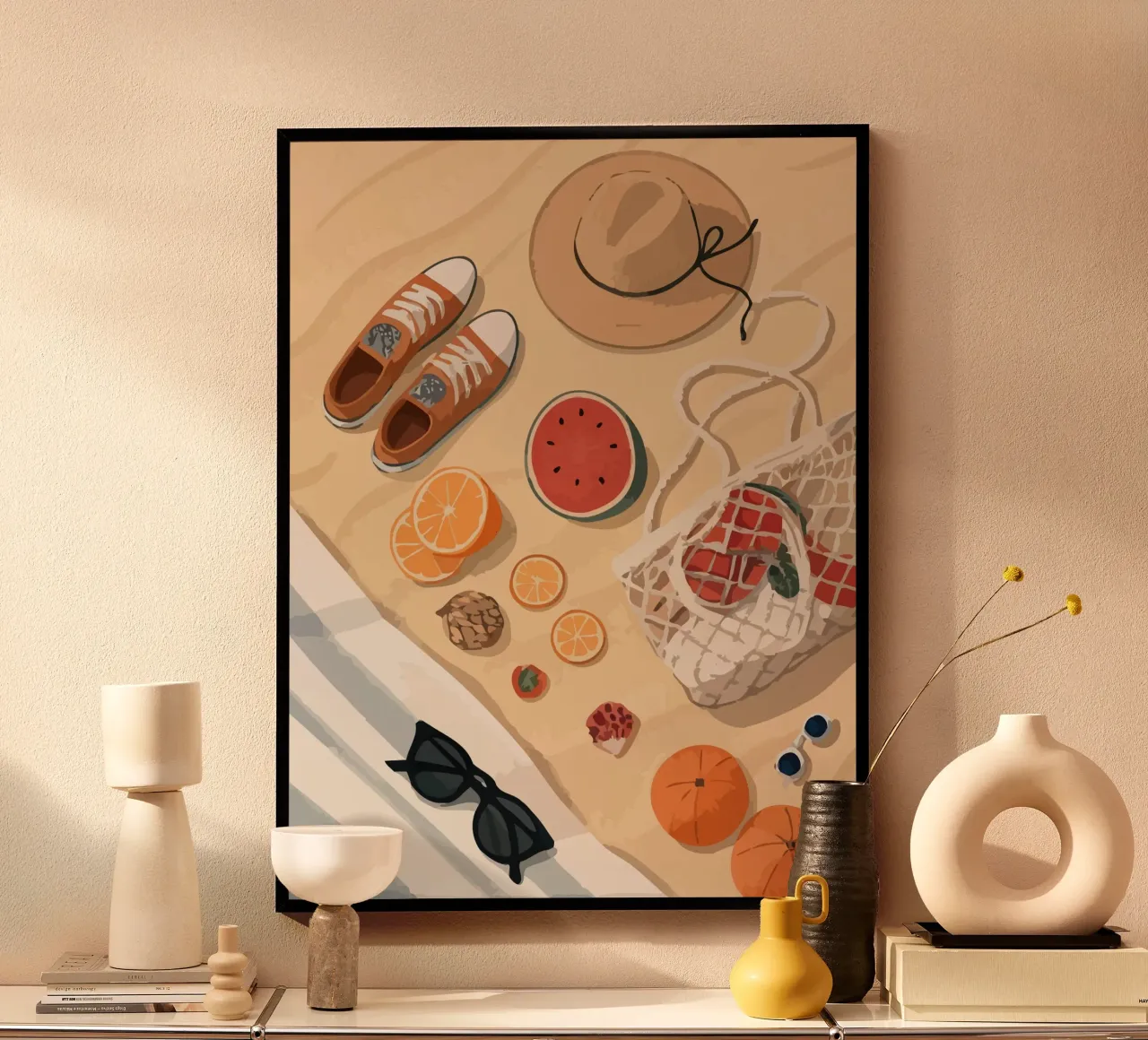 Outfit On Beach poster con telaio in plastica da Dumery Art
