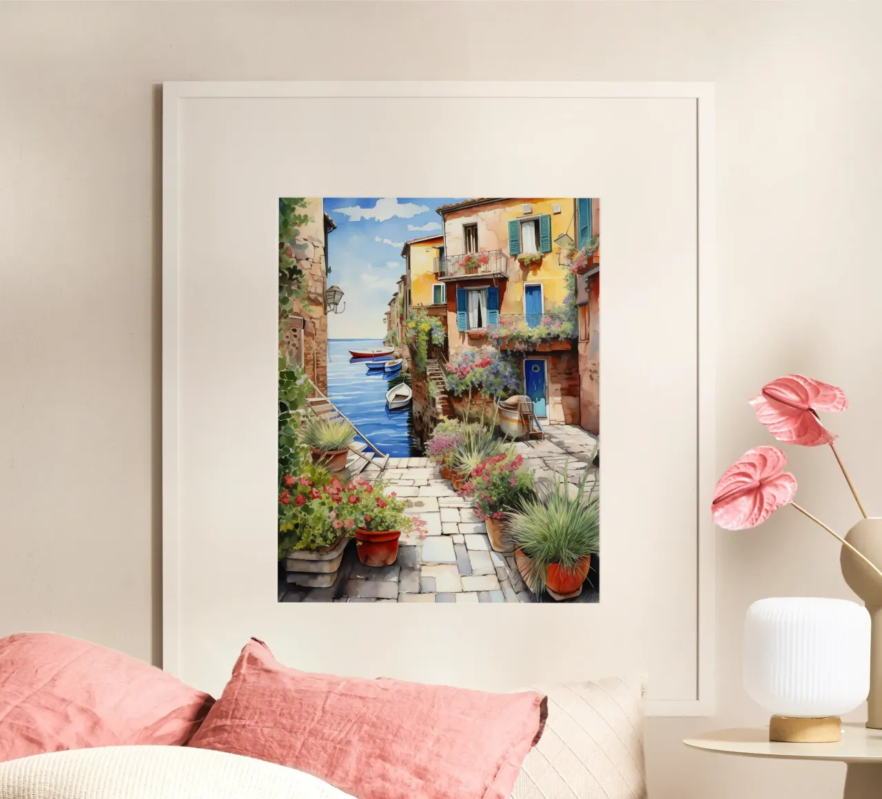 Harbor Village poster con telaio in alluminio da Artsy Bessy