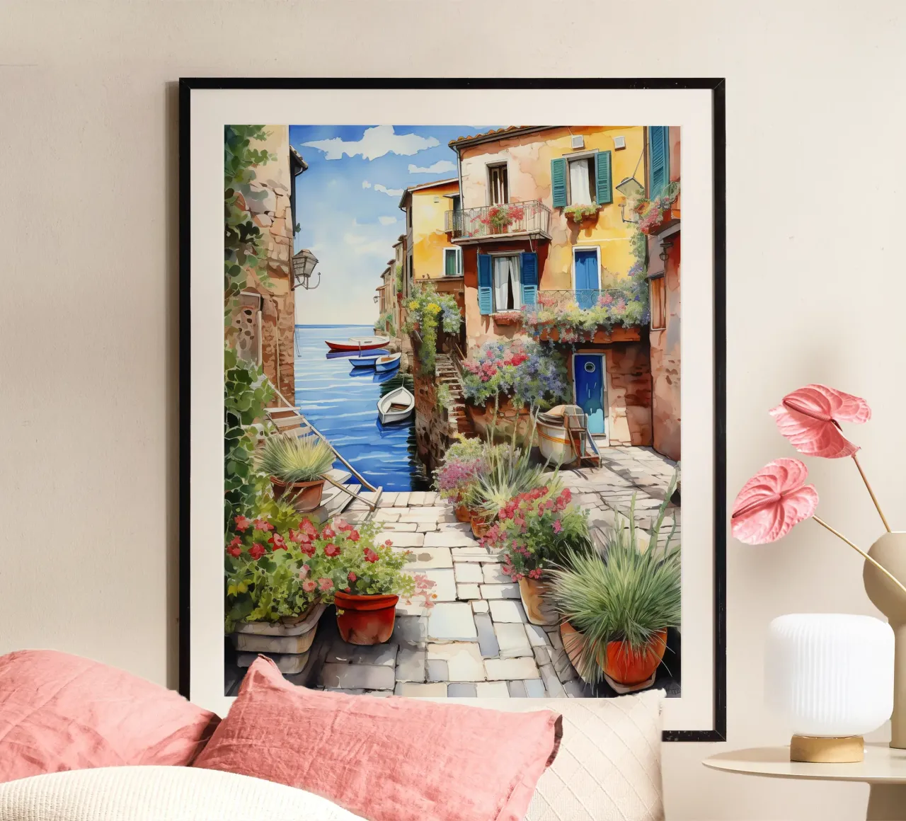 Harbor Village poster con telaio in alluminio da Artsy Bessy