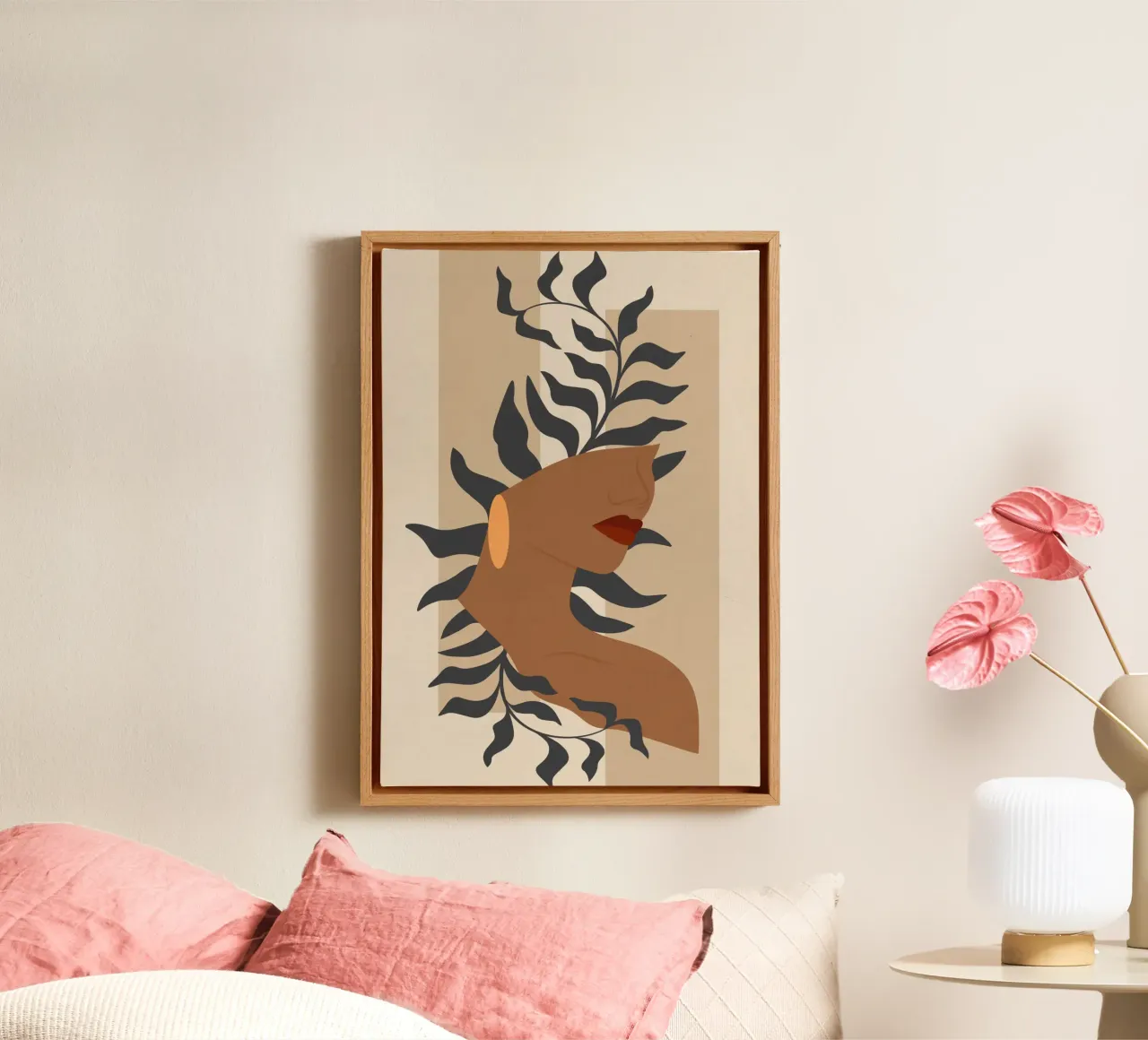 Contemporary art poster with woman and flora in pastel color tela con Cornice a cassetta da colleen