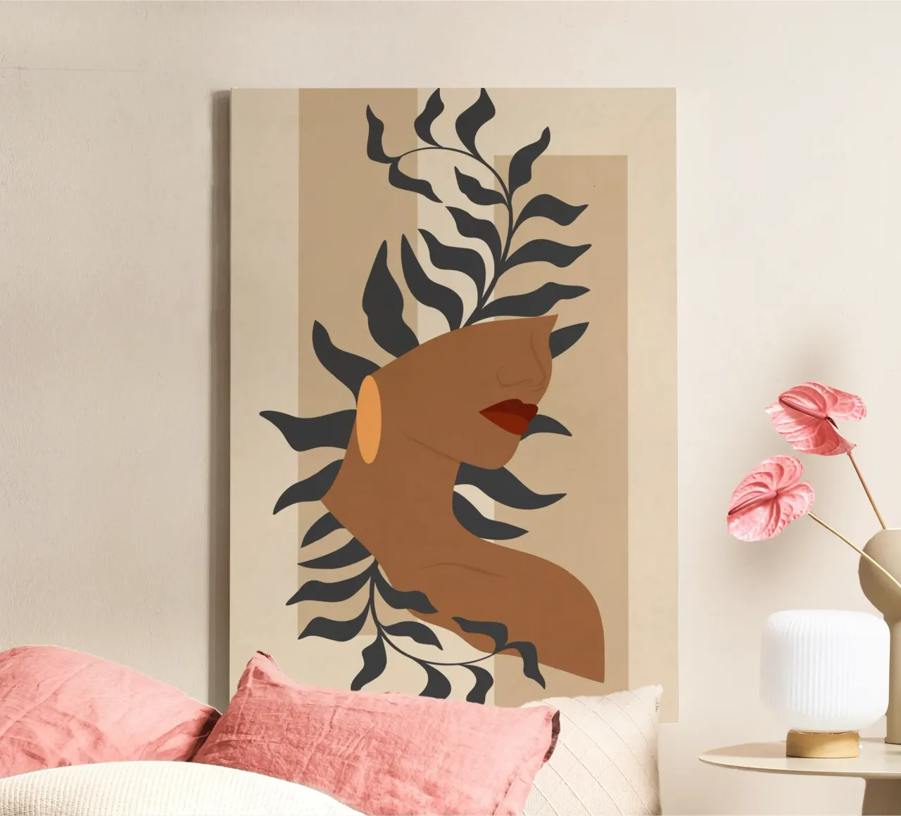 Contemporary art poster with woman and flora in pastel color tela con Cornice a cassetta da colleen