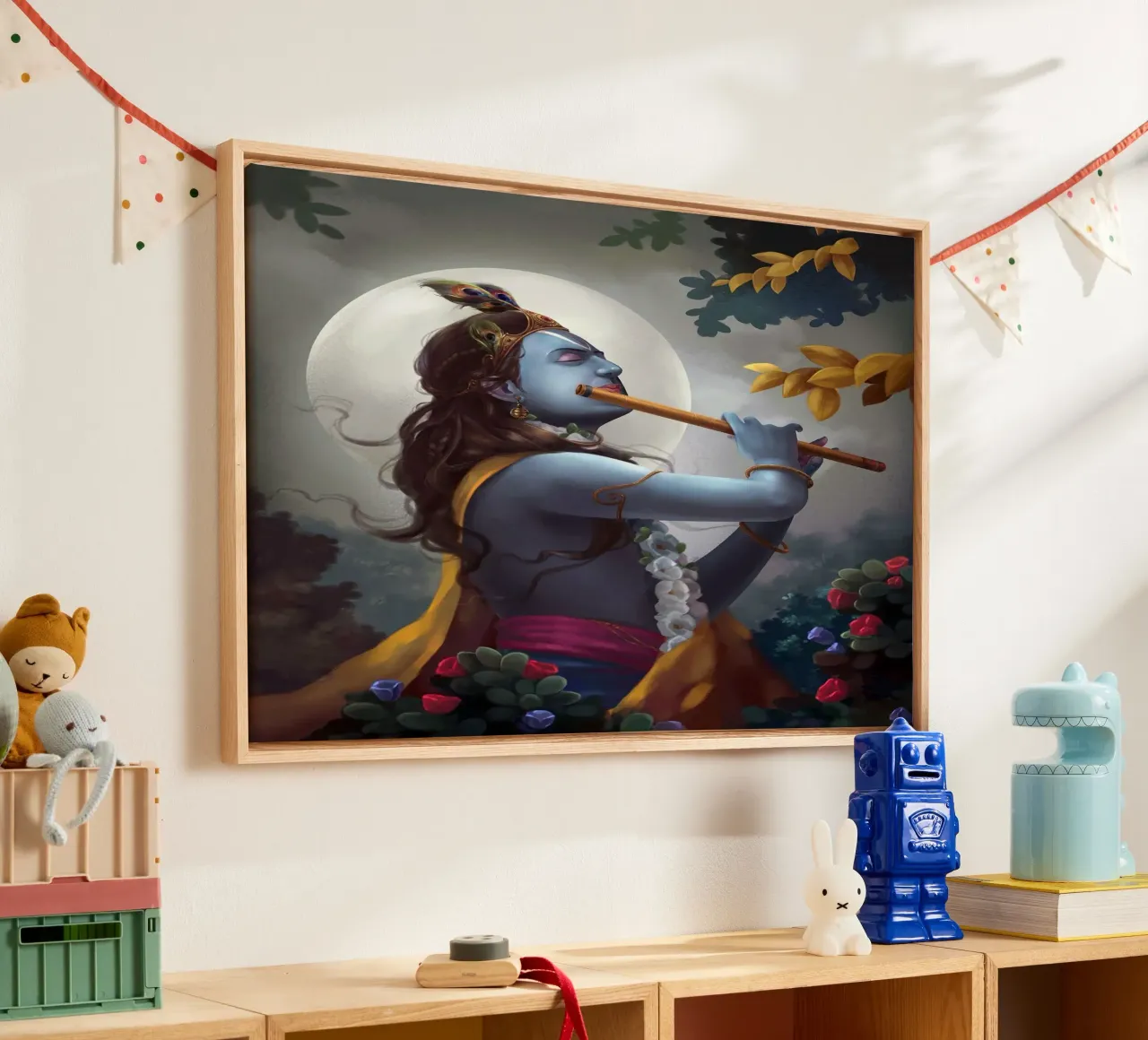 Murlidhar Krishna In The Moonlight - Krishna Flute Painting canvas with Floater frame by colleen