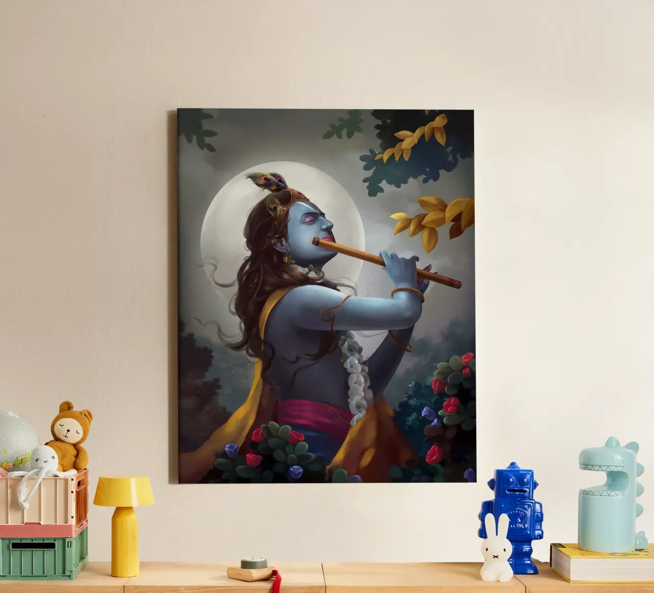 Murlidhar Krishna In The Moonlight - Krishna Flute Painting canvas with Floater frame by colleen