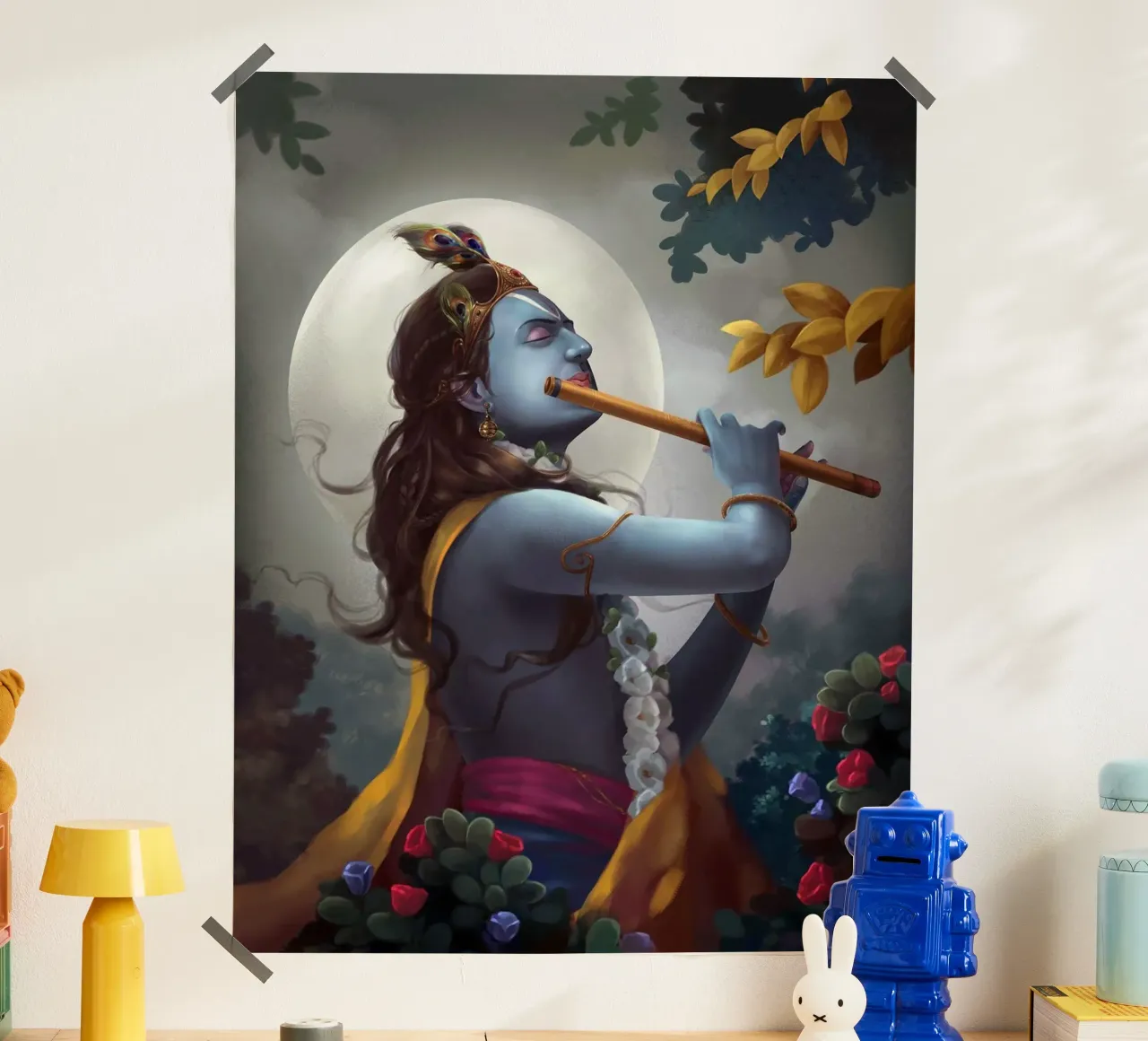 Murlidhar Krishna In The Moonlight - Krishna Flute Painting Poster von colleen