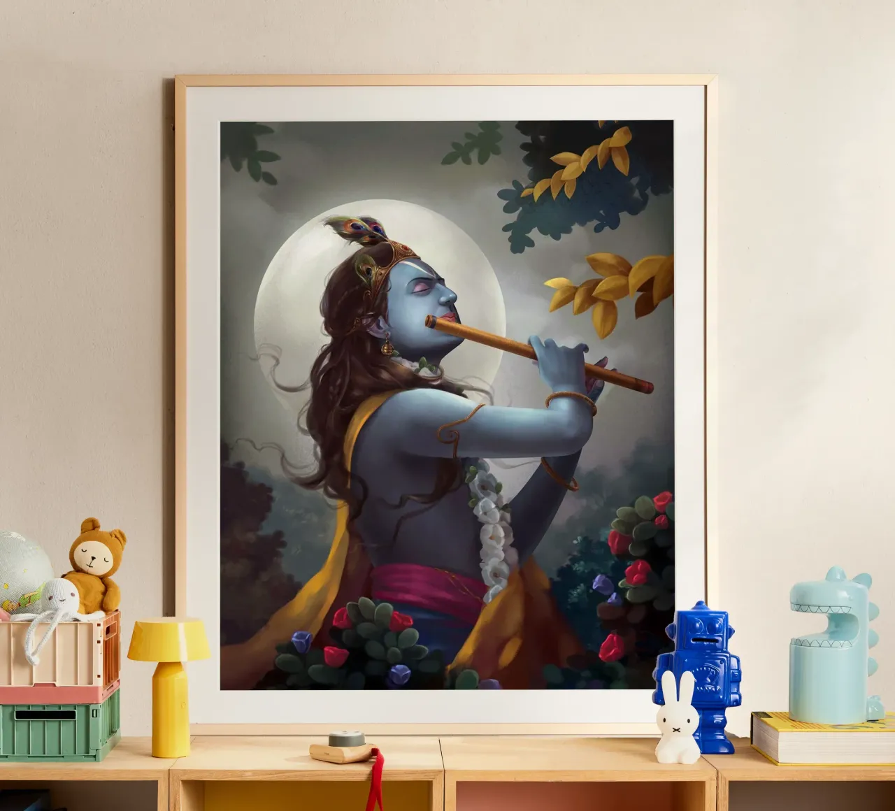 Murlidhar Krishna In The Moonlight - Krishna Flute Painting Poster von colleen