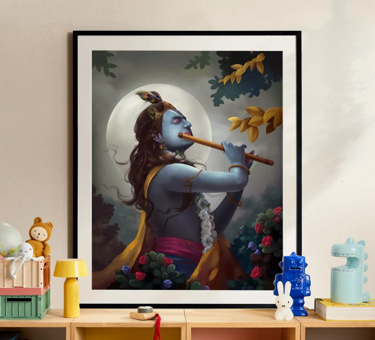 Murlidhar Krishna In The Moonlight - Krishna Flute Painting Poster von colleen