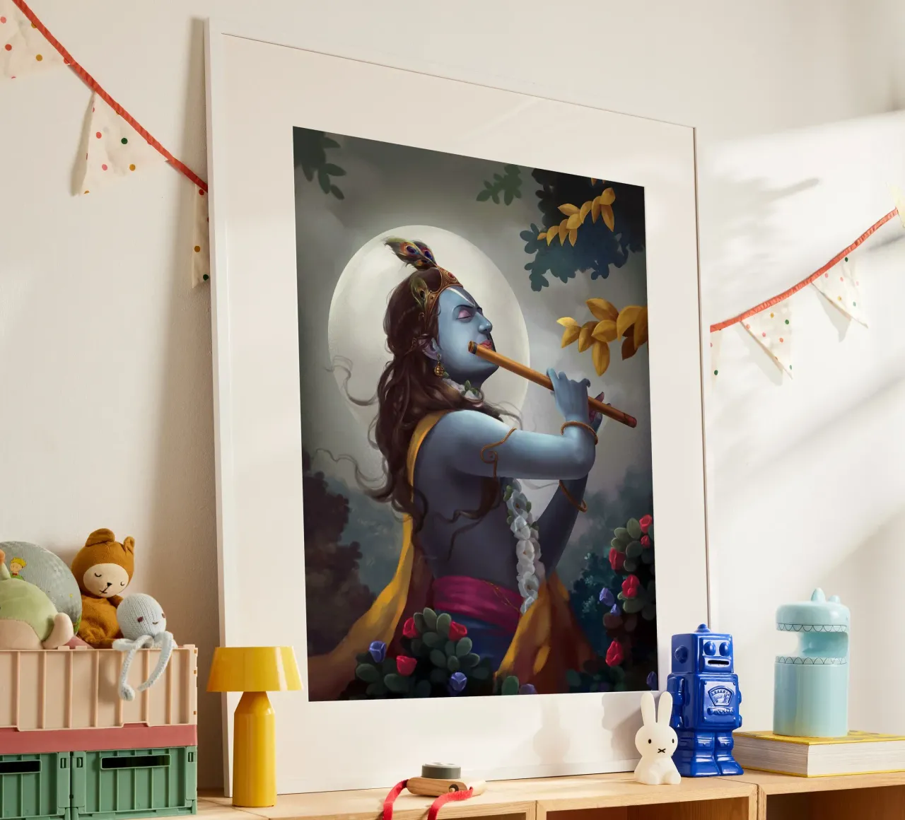 Murlidhar Krishna In The Moonlight - Krishna Flute Painting Poster von colleen