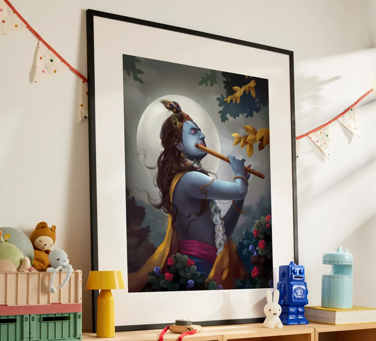 Murlidhar Krishna In The Moonlight - Krishna Flute Painting Poster von colleen