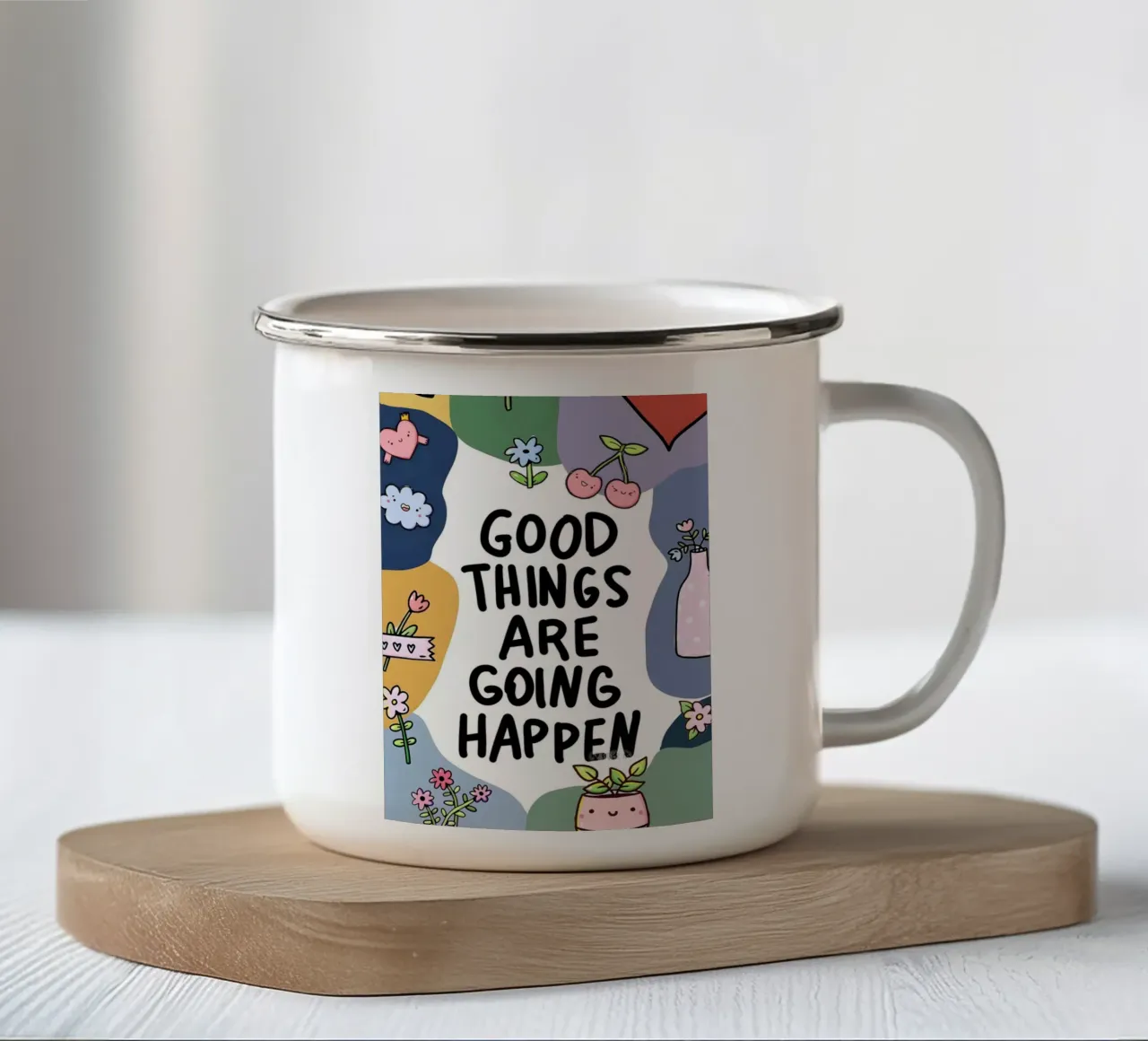 GOOD THINGS ARE GOING HAPPEN tazza in smalto da Type & Tape