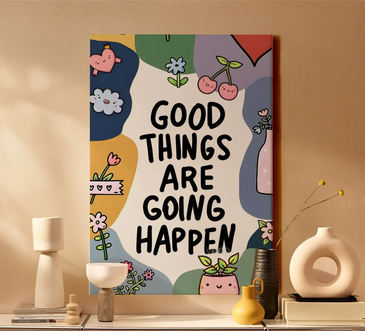 GOOD THINGS ARE GOING HAPPEN canvas met Baklijst van Type & Tape