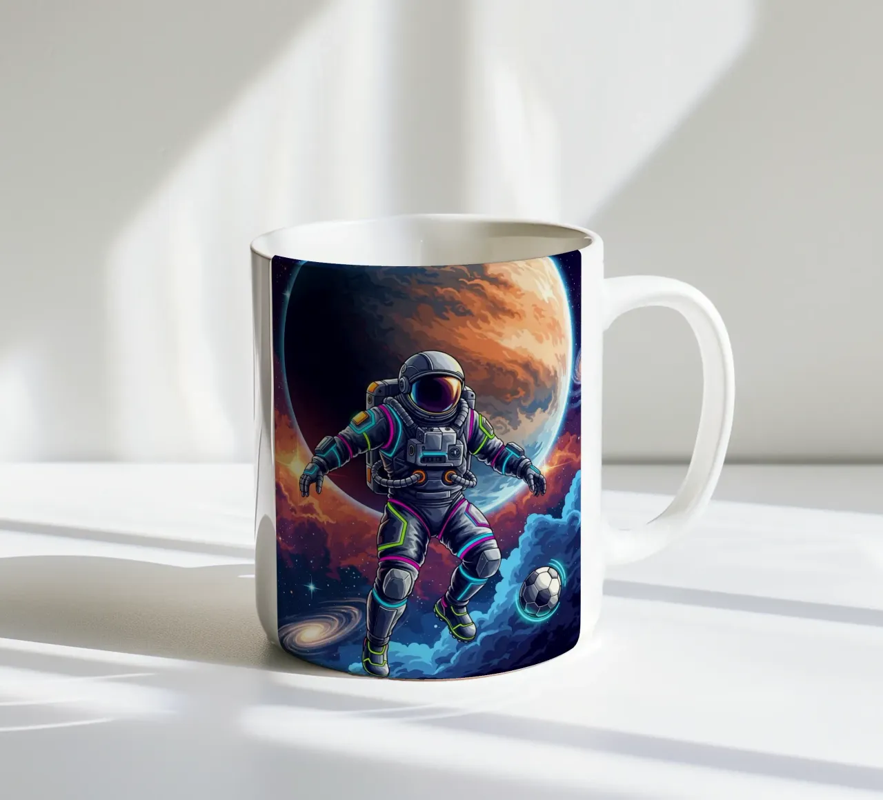 Astronauta che gioca a calcio tazza in ceramica da Lembayung art