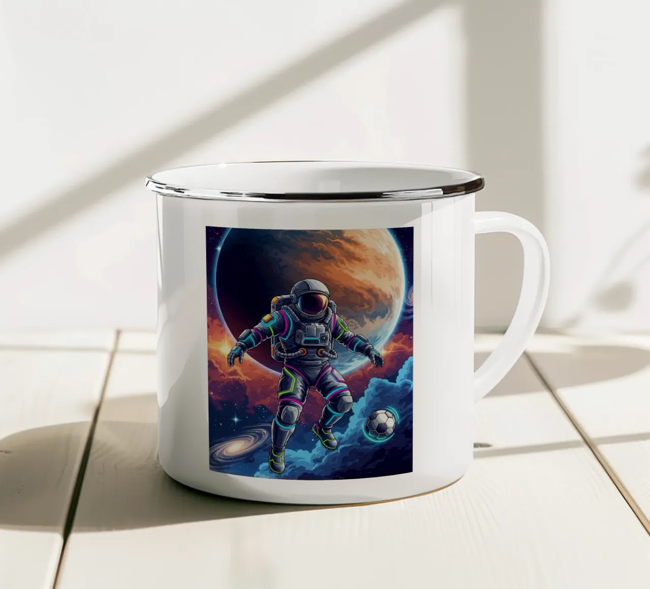 Astronauta che gioca a calcio tazza in smalto da Lembayung art