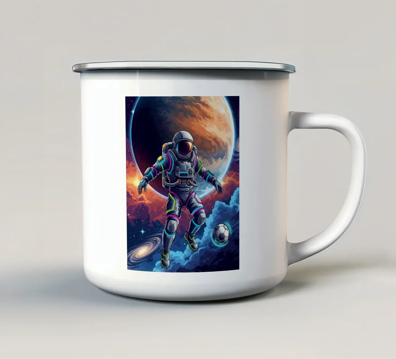 Astronauta che gioca a calcio tazza in smalto da Lembayung art