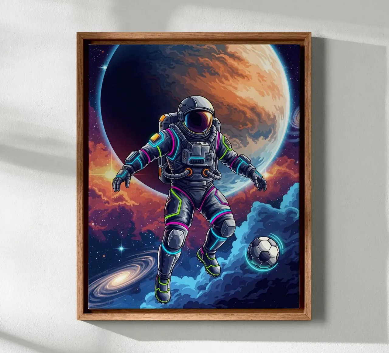 Astronauta che gioca a calcio tela con Cornice a cassetta da Lembayung art