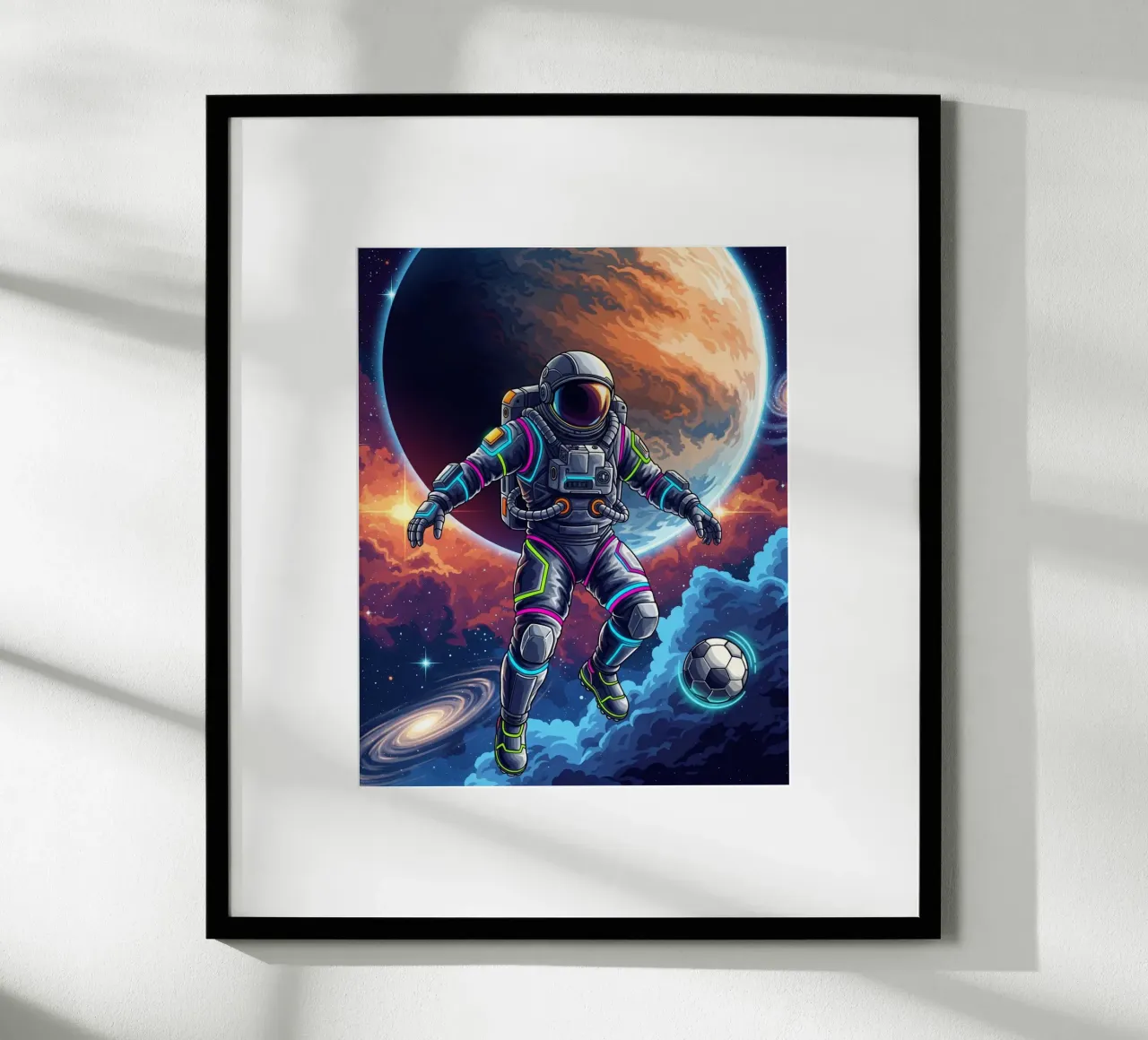 Astronauta che gioca a calcio poster con telaio in plastica da Lembayung art
