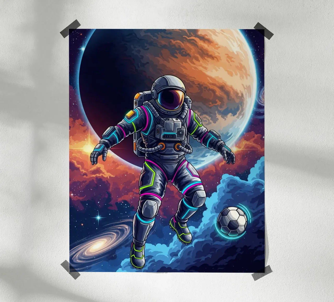 Astronauta che gioca a calcio poster con telaio in plastica da Lembayung art