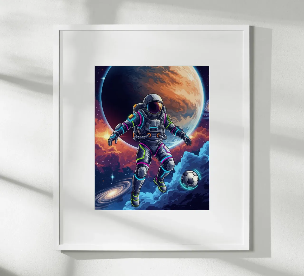 Astronauta che gioca a calcio poster con telaio in plastica da Lembayung art
