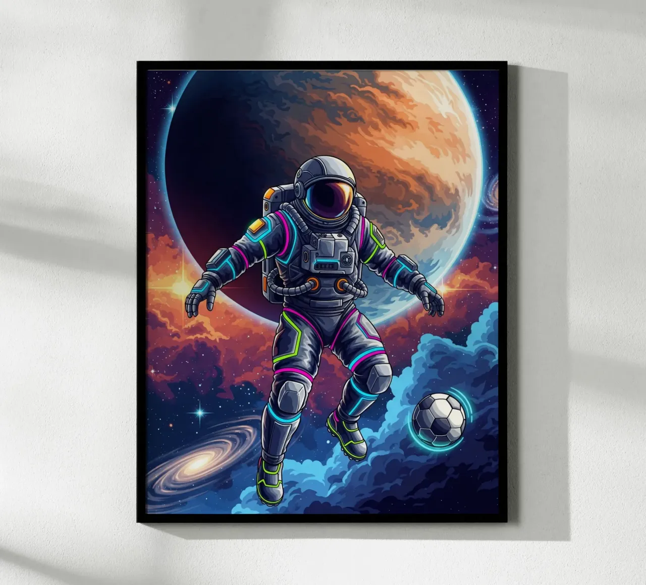 Astronauta che gioca a calcio poster con telaio in plastica da Lembayung art