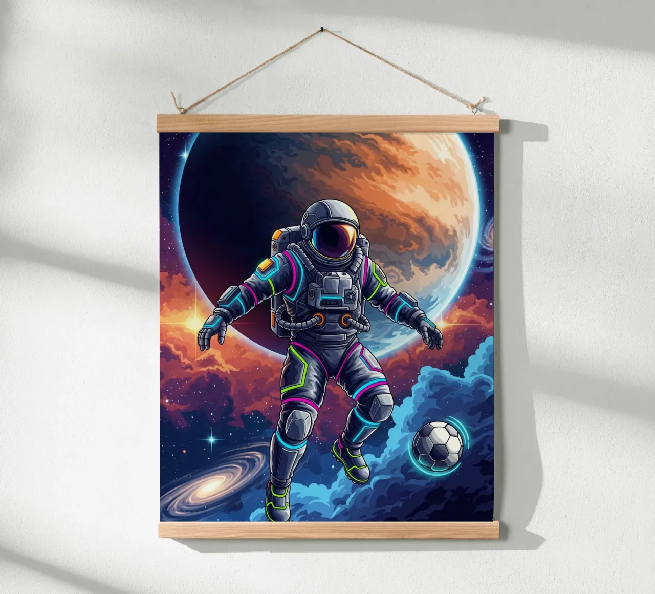 Astronauta che gioca a calcio poster con telaio in plastica da Lembayung art
