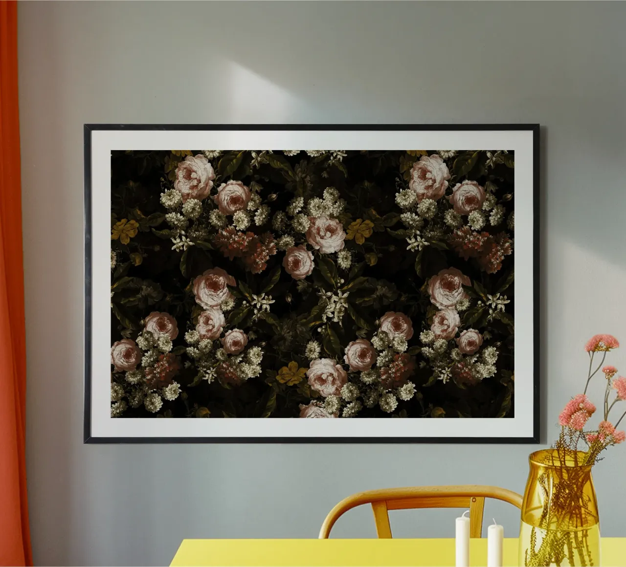 Rose barocche d'epoca con fiori d'arancio e gelsomino poster con telaio in legno da Vintage World - Uta Naumann
