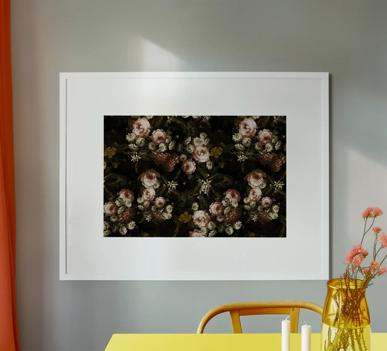 Rose barocche d'epoca con fiori d'arancio e gelsomino poster con telaio in legno da Vintage World - Uta Naumann