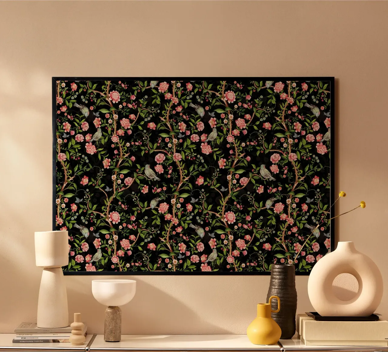 Giardino scuro a cineserie con uccelli, farfalle e fiori poster da Vintage World - Uta Naumann