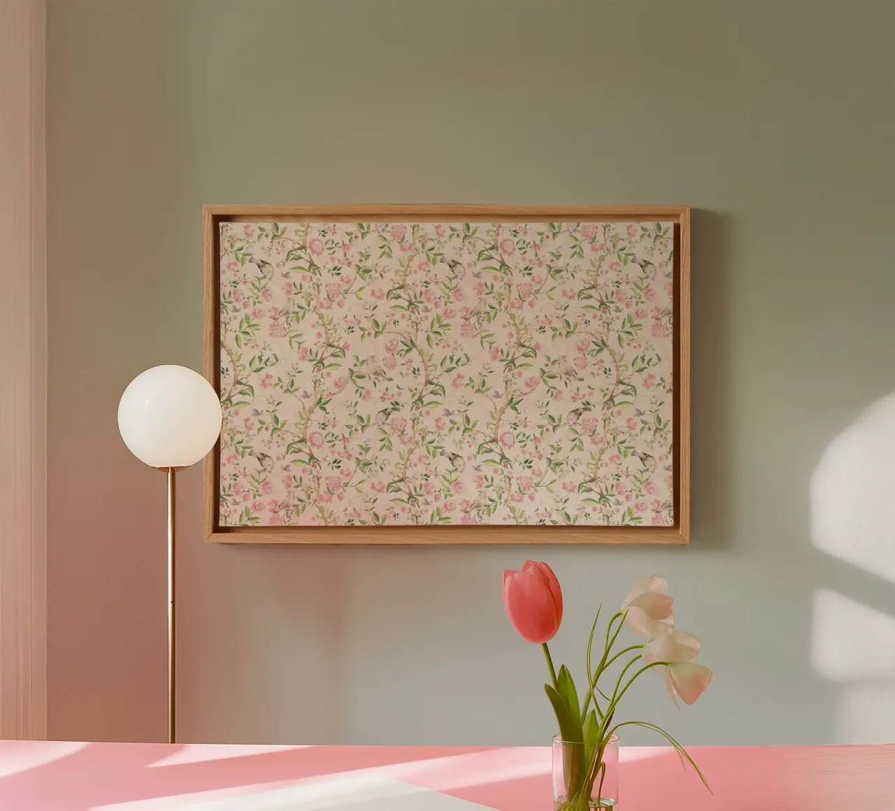 Giardino a cineserie rosa con uccelli, farfalle e fiori tela con Cornice a cassetta da Vintage World - Uta Naumann