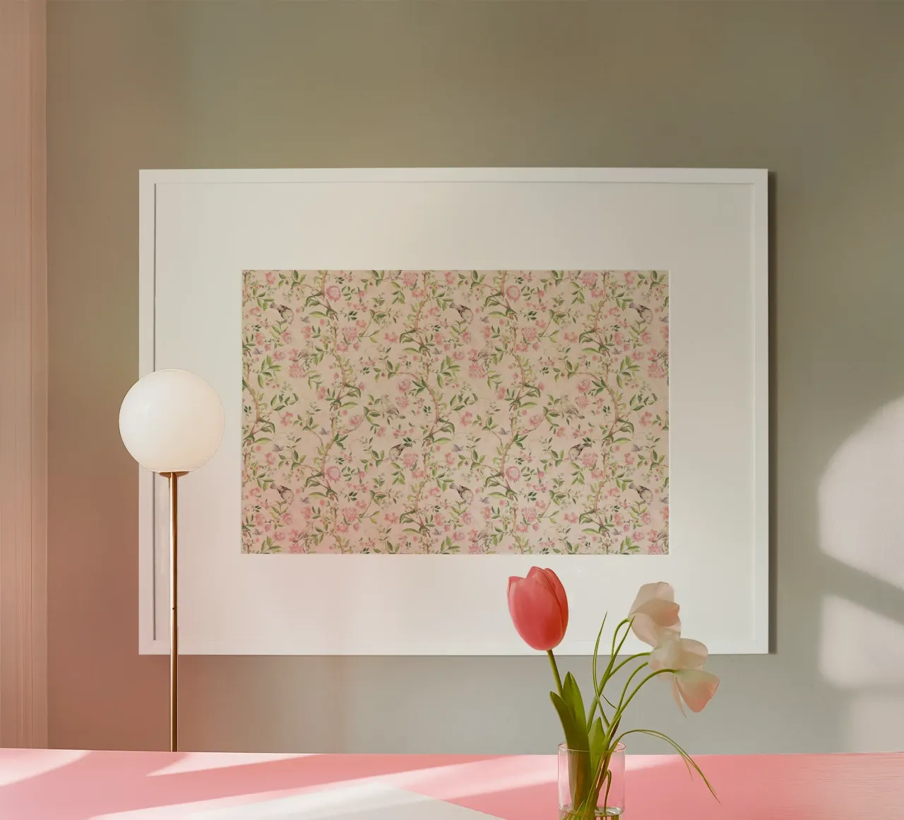 Roze Chinoiserie Tuin met Vogels Vlinders en Bloesems poster met aluminium frame van Vintage World - Uta Naumann